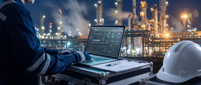 Oil refinery engineer monitoring plant dashboard on laptop at night, analyzing digital telemetry metrics near illuminated chemical factory pipes for smart industrial maintenance concept