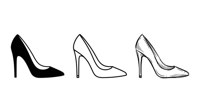 Three stylized stiletto high heel shoe icons in solid black silhouette, line art, and sketch style
