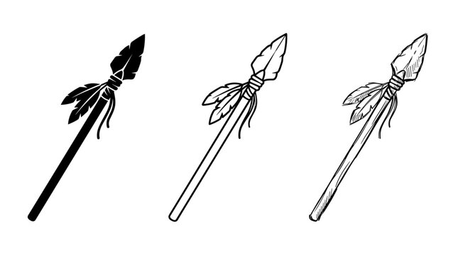 Tribal Hunting Spear Set in Silhouette Line Art and Hand Drawn Sketch Vector Styles