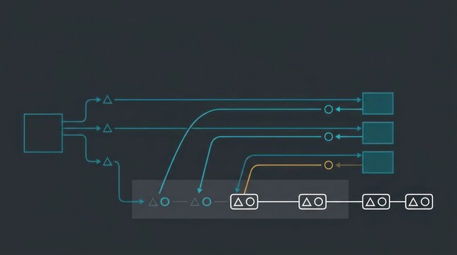 Asynchronous request response correlation across connected services with matched signal pairs and validation workflow on dark technology background with copy space