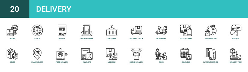 Fototapeta premium Set of 20 outline web Delivery icons such as delivery time, payment method, calendar, rider, drone delivery, medicine, envelope vector icons for report, presentation, diagram, web design, mobile app
