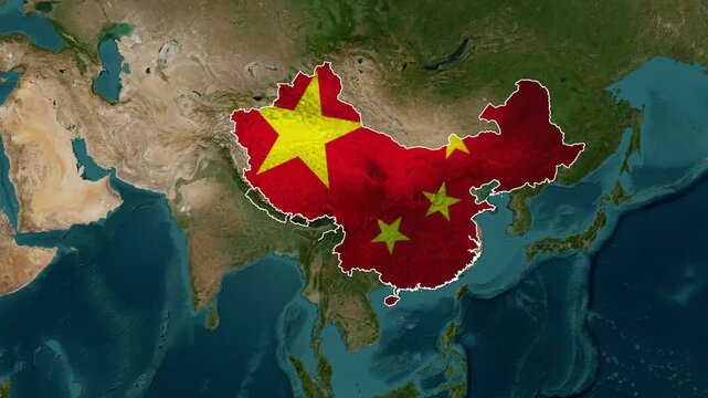 Animated map showing national flags over China and India video motion