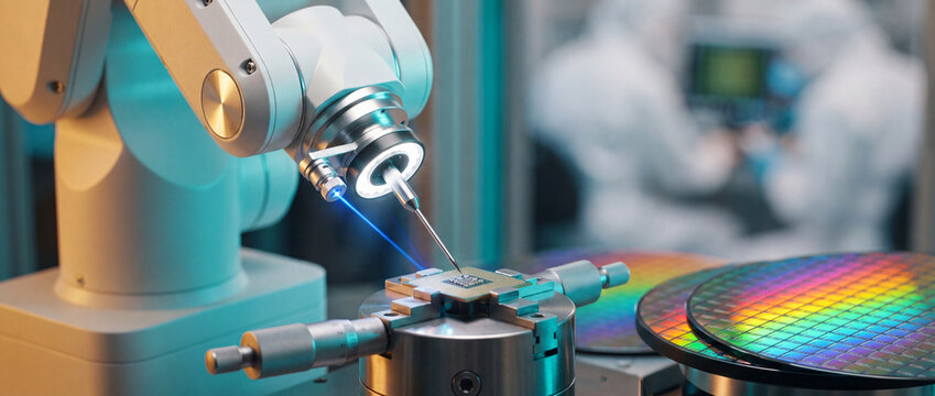 Robotic arm assembling semiconductor microchip in cleanroom with laser precision probe beside iridescent silicon wafers for automated electronics manufacturing and high tech hardware research