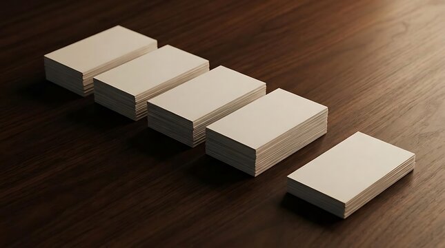 Five stacks of blank business cards arranged on a dark wooden surface as a conceptual representation of a financial down payment and corporate assets
