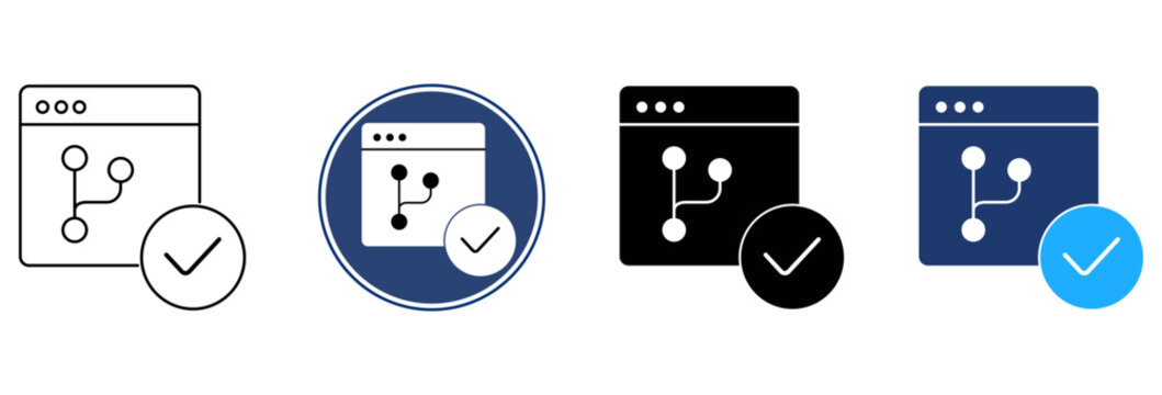 Set of four software version control icons showing a git branch process with a check mark for successful deployment Vector