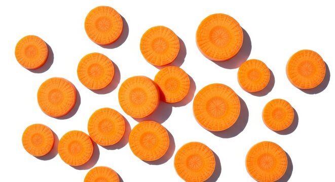 Fresh carrot slices scattered on white background top view overhead shot of orange vegetable rounds for healthy cooking concept.