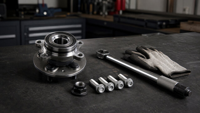 Car wheel bearing hub with bolt and torque wrench on workbench. Automotive spare part for vehicle repair maintenance. Professional mechanic equipment for changing automotive drivetrain component.