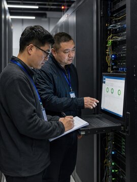 IT technicians checking server rack in a data center