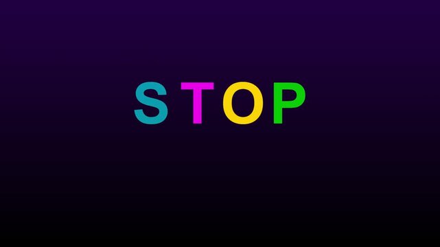 Colorful glowing neon stop sign on dark purple background
