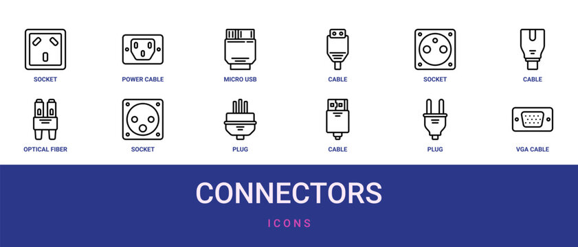 Set of 12 outline web Connectors icons such as vga cable, plug, cable, plug, socket, optical fiber, cable vector icons for report, presentation, diagram, web design, mobile app