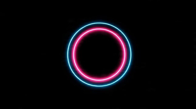 Glowing blue and pink neon circular frames on dark background