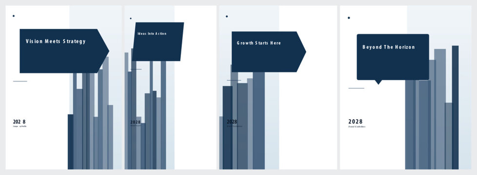 A clean corporate timeline presentation template featuring professional data visualization bars and elegant dark blue text callout boxes for business strategy reporting