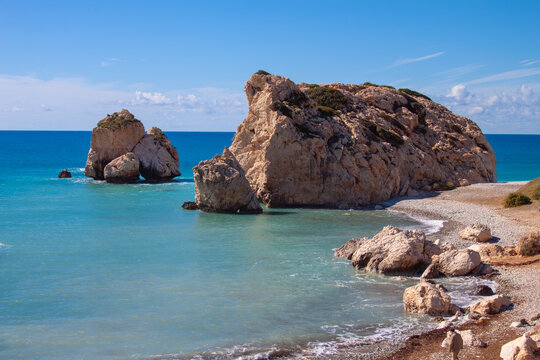 Scenic touristic destination of 'Petra tou Romiou' or 'Aphrodite's Rock' beach on the island of Cyprus