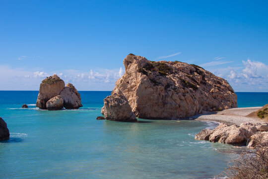 Scenic touristic destination of 'Petra tou Romiou' or 'Aphrodite's Rock' beach on the island of Cyprus