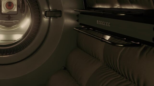 Inside a sleek, modern space habitat, soft lighting illuminates the cozy seating area. The design is minimalistic, creating a peaceful atmosphere for astronauts in their daily routines.