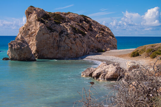 Scenic touristic destination of 'Petra tou Romiou' or 'Aphrodite's Rock' beach on the island of Cyprus