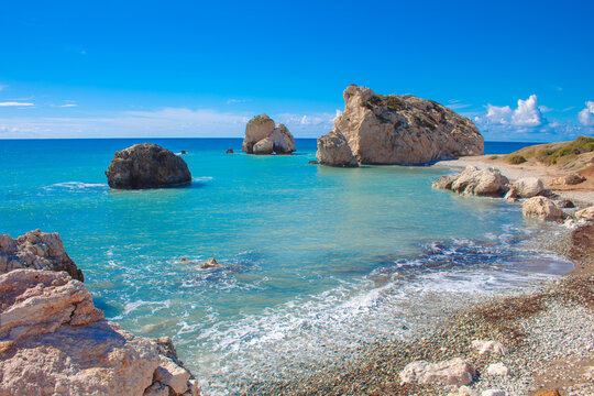 Scenic touristic destination of 'Petra tou Romiou' or 'Aphrodite's Rock' beach on the island of Cyprus