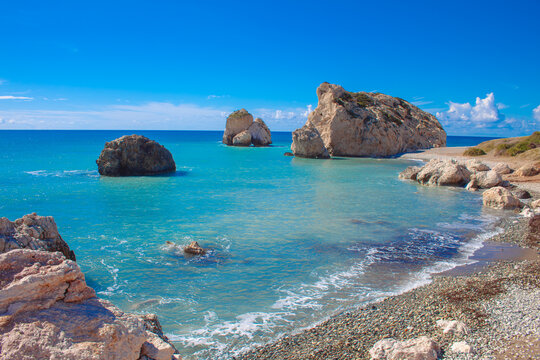Scenic touristic destination of 'Petra tou Romiou' or 'Aphrodite's Rock' beach on the island of Cyprus