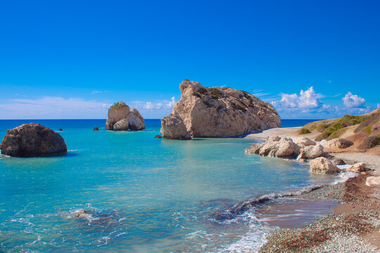Scenic touristic destination of 'Petra tou Romiou' or 'Aphrodite's Rock' beach on the island of Cyprus