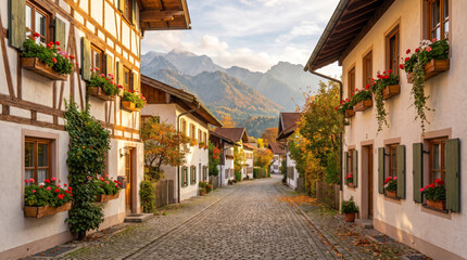 Fototapeta premium Cobblestone street in traditional german village with half-timbered houses and flower boxes. Alpine mountains in autumn. Travel destination and rural european architecture concept.