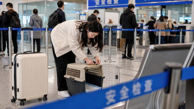 Traveler Preparing Pet Carrier at Airport Security Checkpoint