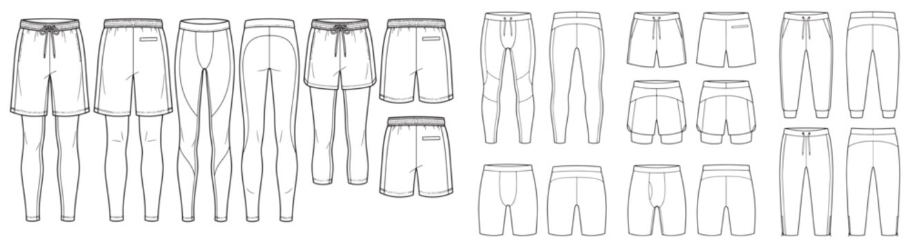 Athletic Shorts, Joggers and Compression Leggings Technical Fashion Flat Sketches and Clothing Templates