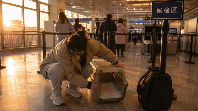 Traveler preparing pet carrier at airport security checkpoint