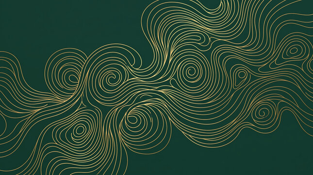 Abstract luxury dark green background with elegant golden swirling wavy lines.