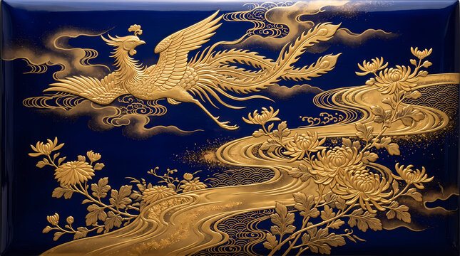 Traditional Japanese maki-e lacquerware style illustration featuring a golden phoenix flying over a river with chrysanthemums on a dark blue background.