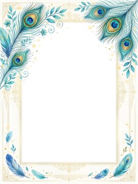 Peacock feather border frame with gold accents and light blue watercolor elements.