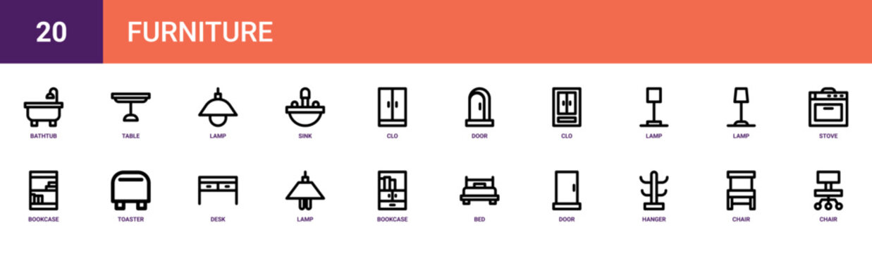 Set of 20 outline web Furniture icons such as chair, chair, hanger, door, bed, bookcase, lamp vector icons for report, presentation, diagram, web design, mobile app