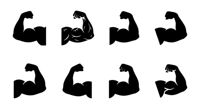 Strong Bicep Flexing Arm Icons, Muscular Bodybuilder Silhouette Set, Fitness Strength Symbol Collection, Workout Power Graphic Elements