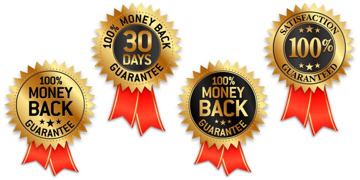 elegant gold 30 days money back guarantee seal with red ribbon emblem symbol vector set on transparent background