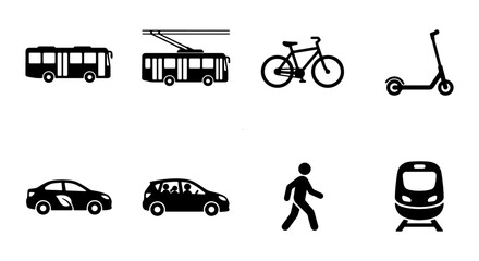 Naklejka premium Urban Transportation Icons: Bus, Tram, Bicycle, Scooter, Car, Pedestrian, Train, Vector Set for City Mobility and Eco-Friendly Travel Concepts