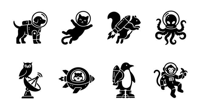 Whimsical Space Animals Vector Icons Set: Astronaut Dog, Cat, Penguin, Monkey, Owl, Alien Octopus, Squirrel, Shiba Inu in Rocket, Cosmic Exploration Graphics