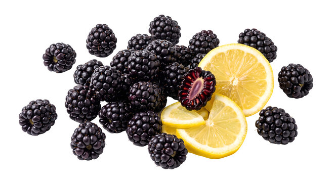 Blackberries and lemon slices arranged on a white background