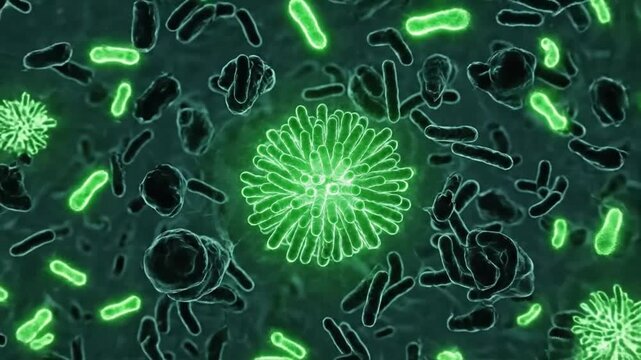 Glowing virus particles multiply in dark fluid, bright green cores pulsing inside spiky circular forms. Smaller rod shaped microbes drift around them in layered microscopic motion.