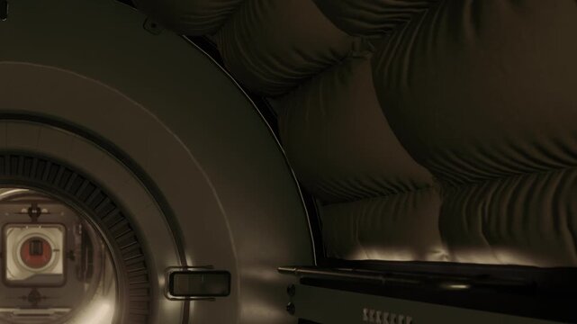 Soft, padded walls create a cozy atmosphere inside the advanced space habitat. A dimly lit corridor stretches ahead, hinting at exploration in a distant future.
