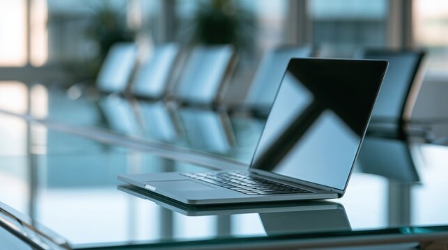 Business laptop on glass conference table in modern bright office ready for presentation