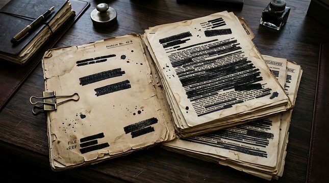 Classified archive dossier with redacted text on a wooden desk