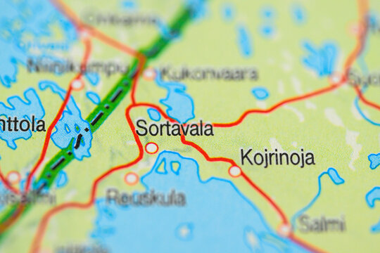 Close up travel map of Sortavala and Karelia lake region.