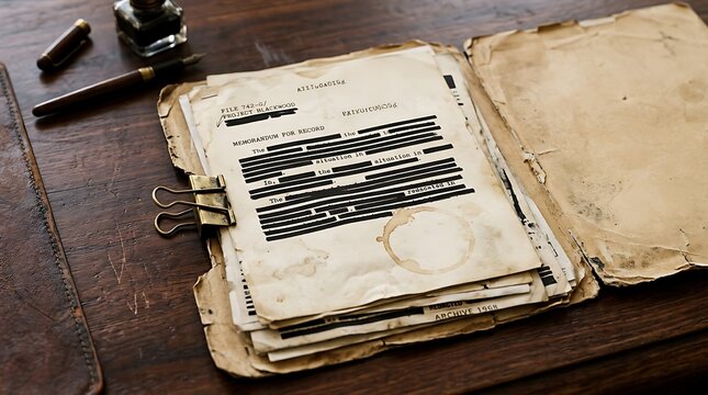 Classified dossier with redacted text and ink stains on wooden desk