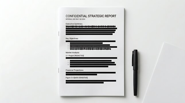 Confidential strategic report with redacted text and black pen
