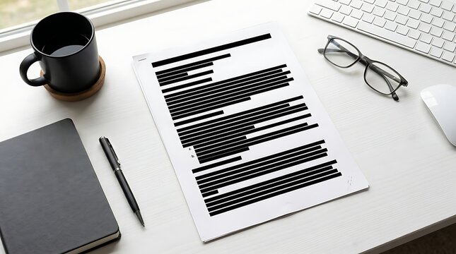 Redacted document with black censored lines on a white desk
