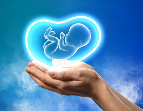 In vitro fertilization (IVF) poster. Illustration of baby during prenatal development in woman's hands on blue background