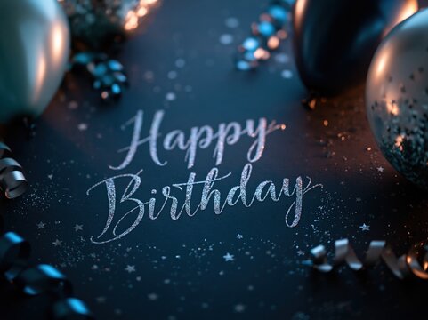 Digital graphic featuring 'Happy Birthday' in a cursive, silver glitter font centered on a dark blue background.