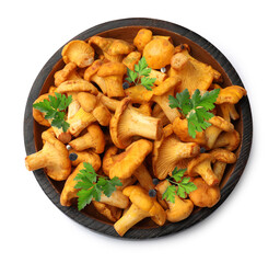 Fresh chanterelle mushrooms and green parsley leaves in bowl isolated on white, top view © New Africa
