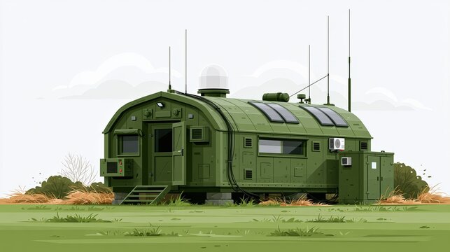 Illustration of a military command post with antennas and equipment, set in a grassy field. The structure is depicted in a style, emphasizing its functionality and strategic purpose.