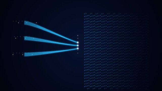 Blue digital light beams radiating from central point into binary code data stream on black background