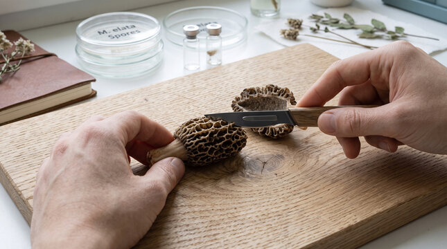 Scientific Scalpel Dissecting Wild Morel Mushroom Gills on Oak Surface